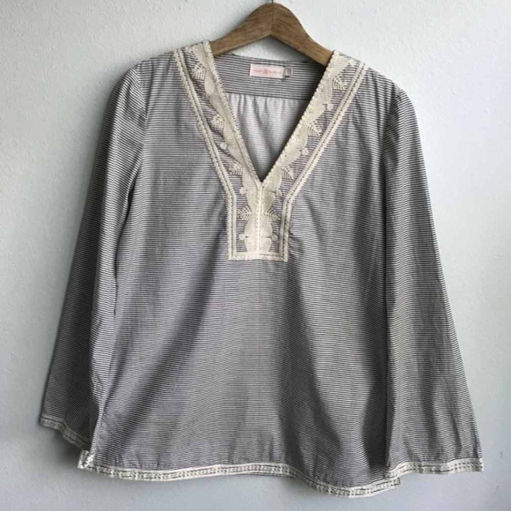 Tory Burch Aleksi Striped Tunic Top Embroidered L
